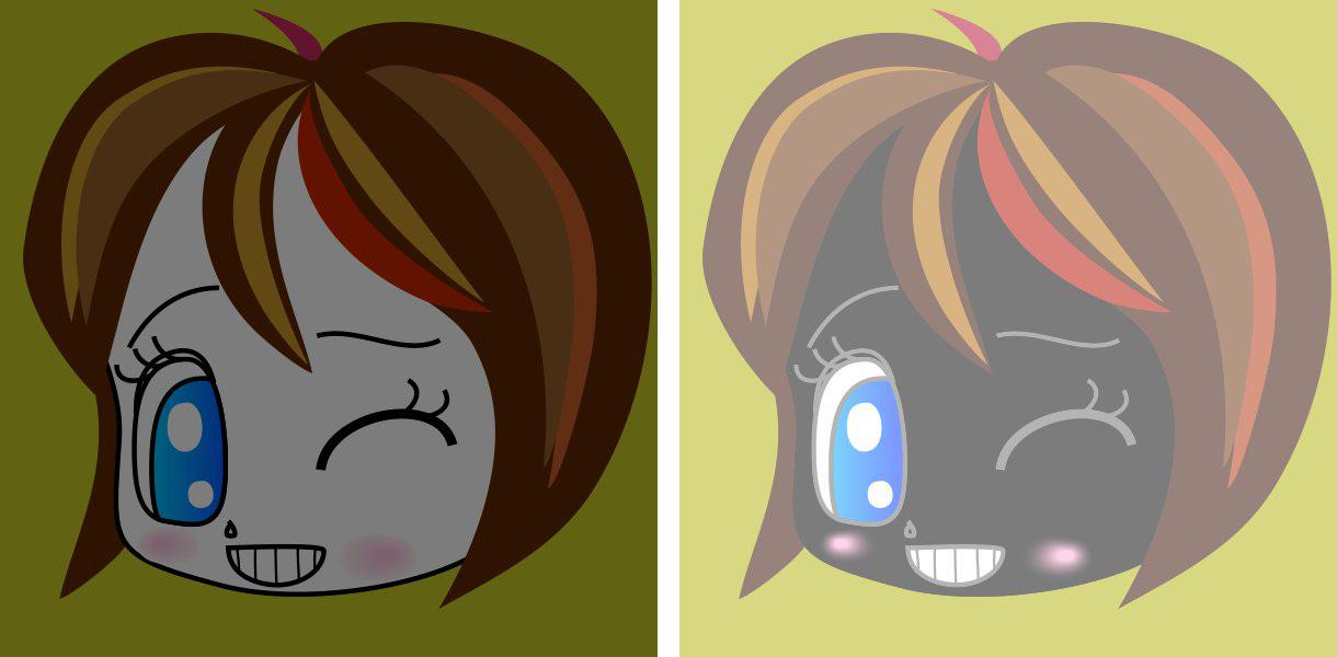The same winking girl illustration shown on two different background colors, her face is the identical gray in both